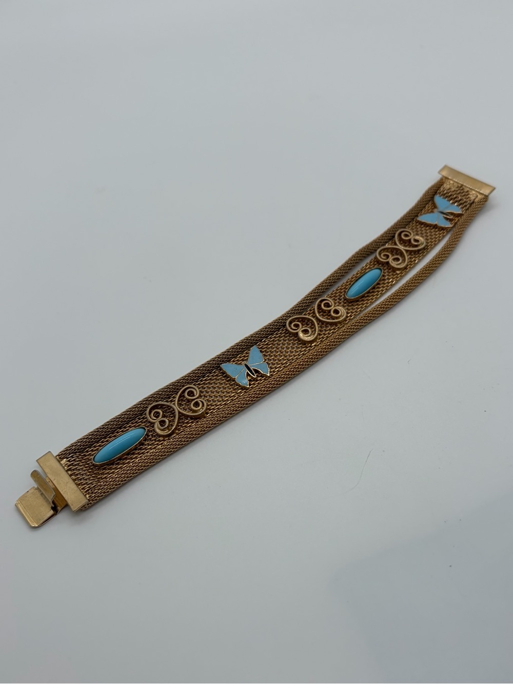 Vintage gold tone metal mesh turquoise enamel butterfly bracelet